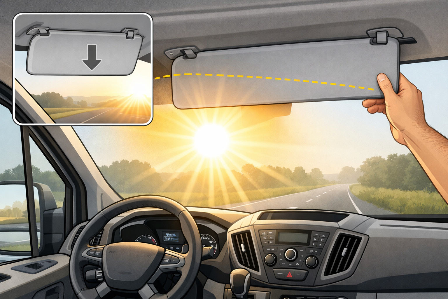Cum reduci orbirea soarelui pe parbriz la Ford Transit dimineata